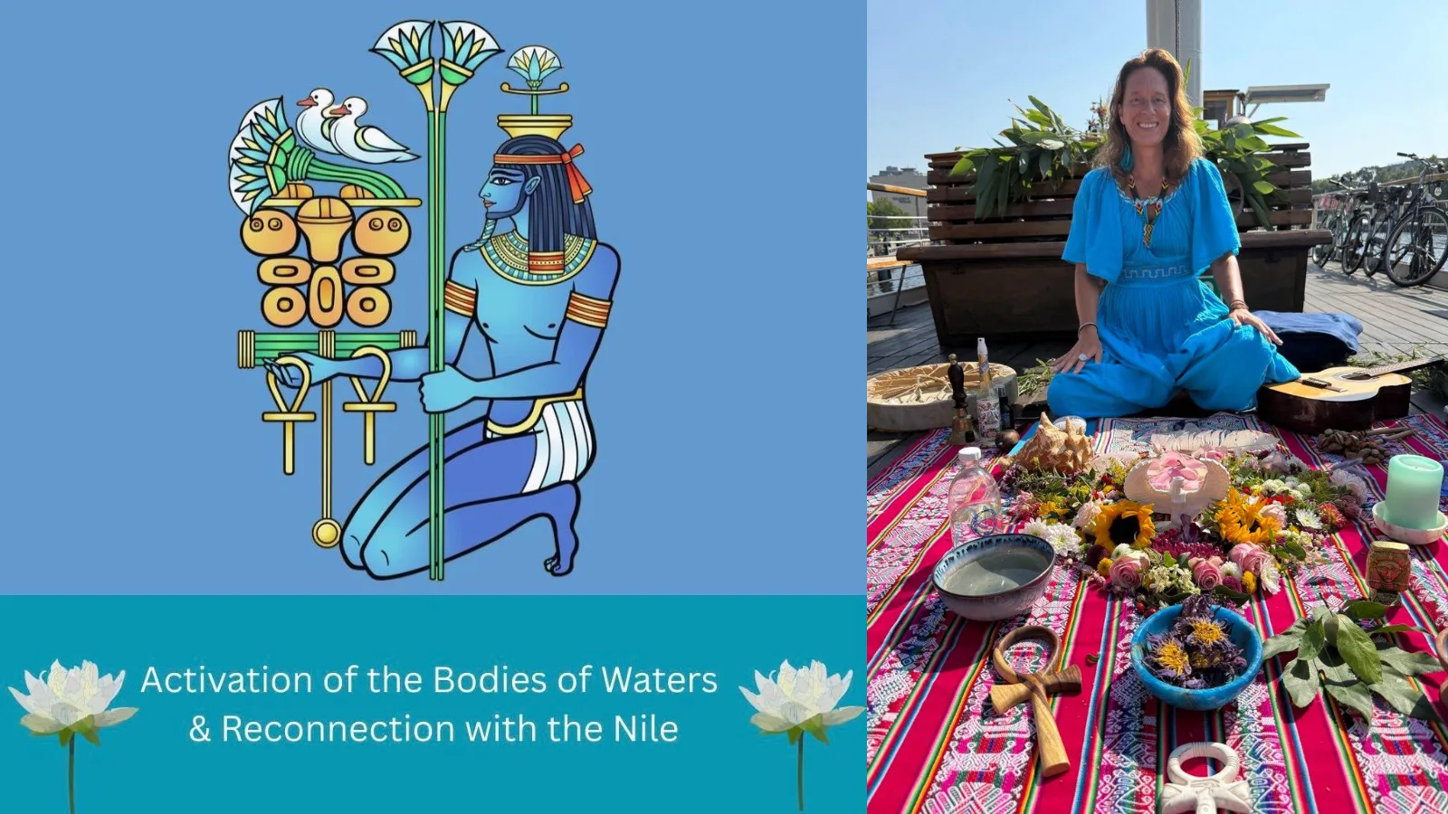 Annette Assmy sitzt vor einem Zeremonialaltar mit Blumen und Ritualobjekten, daneben eine Illustration des ägyptischen Nilgottes Hapi