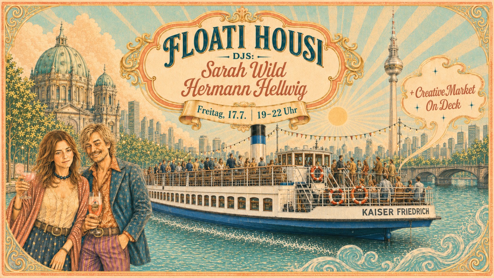 Titelbild der Veranstaltung mit Schiff und DJs im Vordergrund